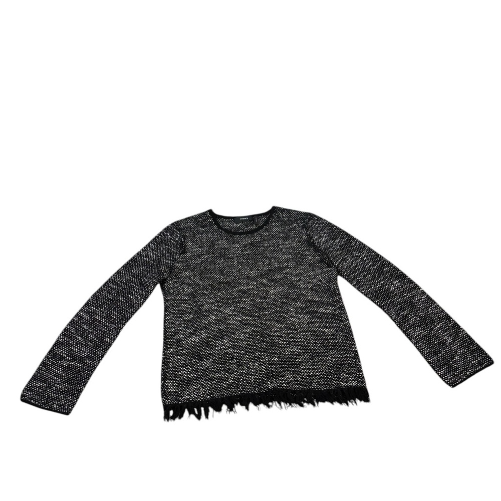 Theory Black & White Crewneck Fringe Sweater